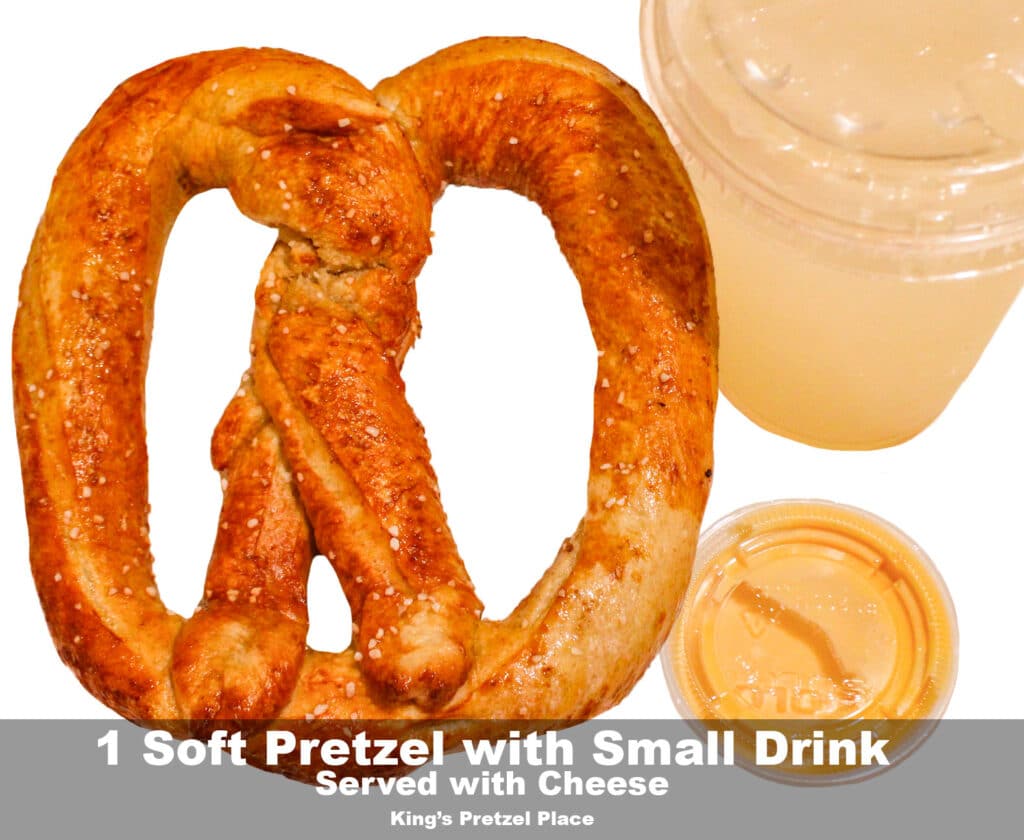 Soft pretzel with salt, served with cheese dip and a small drink on the side